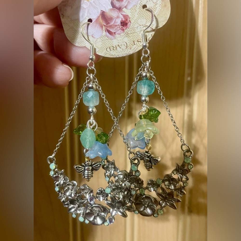 Vintage Upcycled Floral Silver Green and Blue Dangle Earrings - Picture 3 of 10